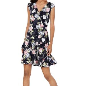 ROBBIE BEE Navy/Pink Floral Faux Wrap Surplice Tiered Dress - Sz Petite Medium